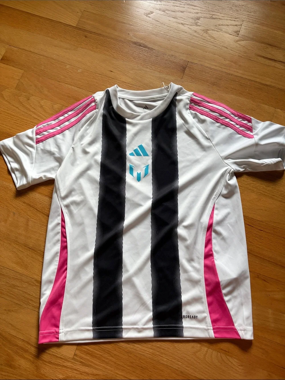 Messi Adidas White Soccer Jersey with Black Stripes & Pink Accents, YM New